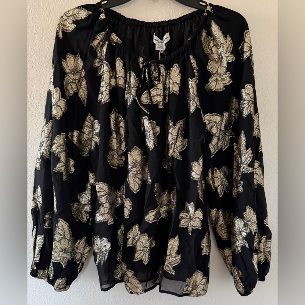 Tommy Bahama Floral Black and Gold Women's Top Size-M